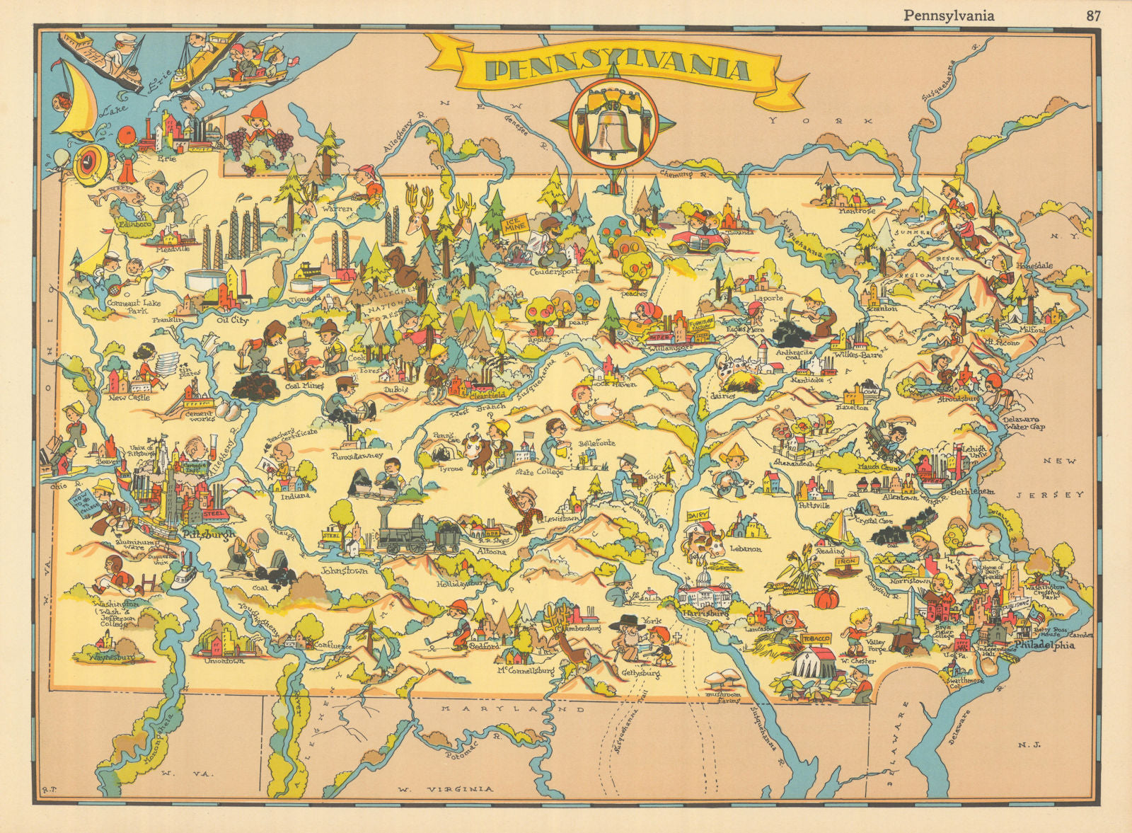Pennsylvania. Pictorial state map by Ruth Taylor White 1935 old vintage